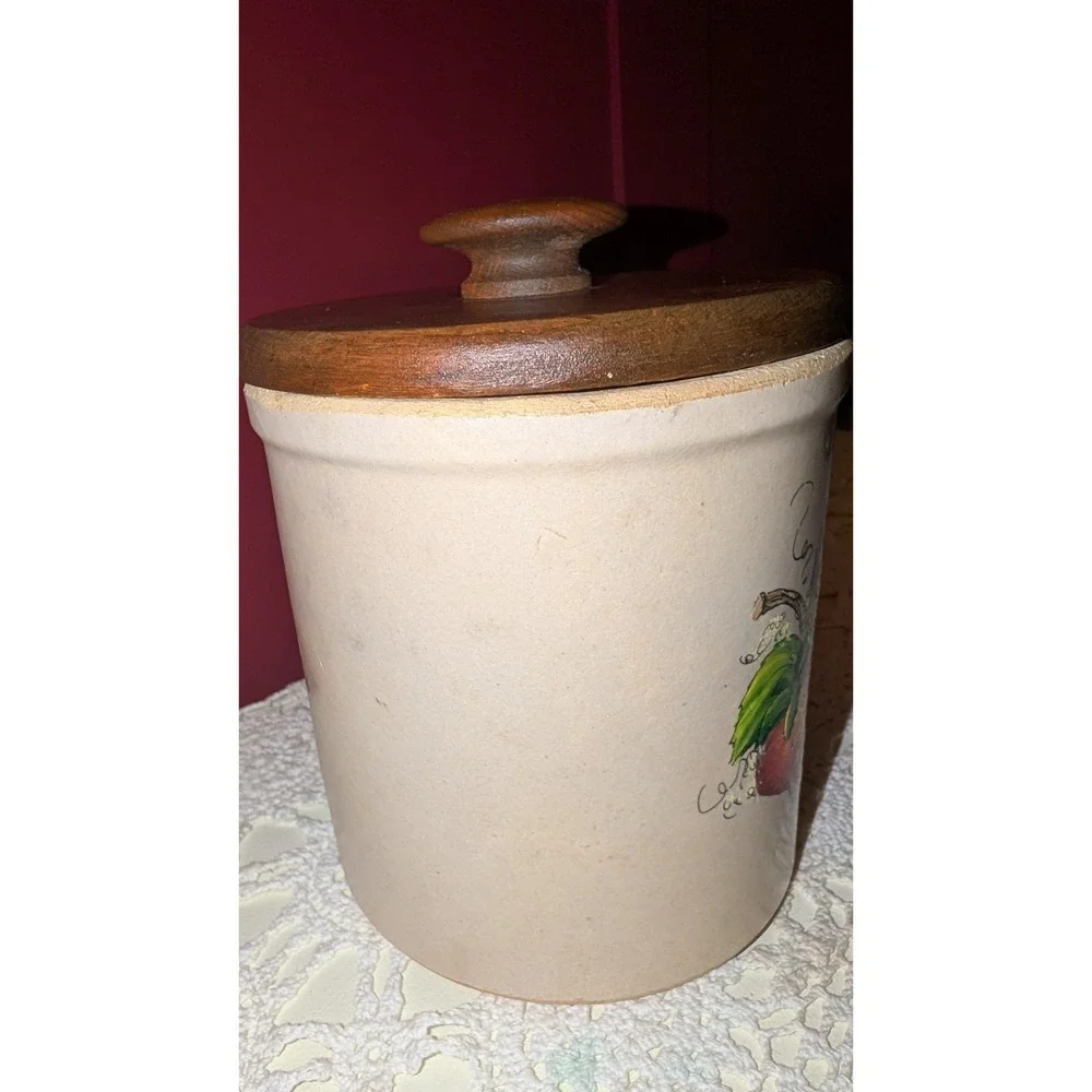 Vintage Strawberry Stoneware Canister Crock with Wooden Lid 6